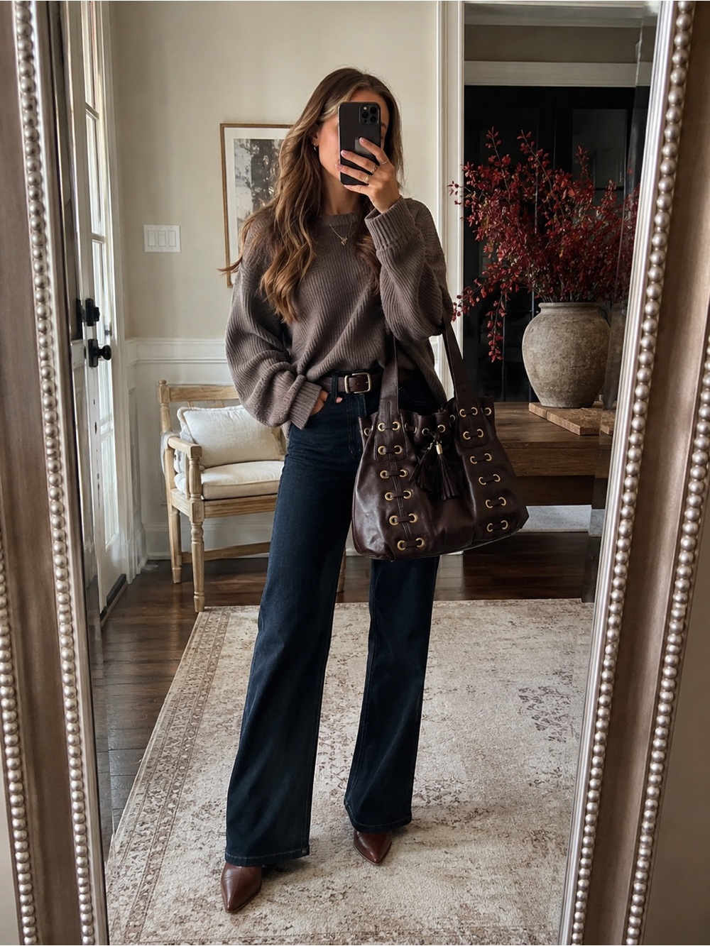 Michael Kors Y2K Dark Brown Leather Grommet Drawstring Shoulder Bag